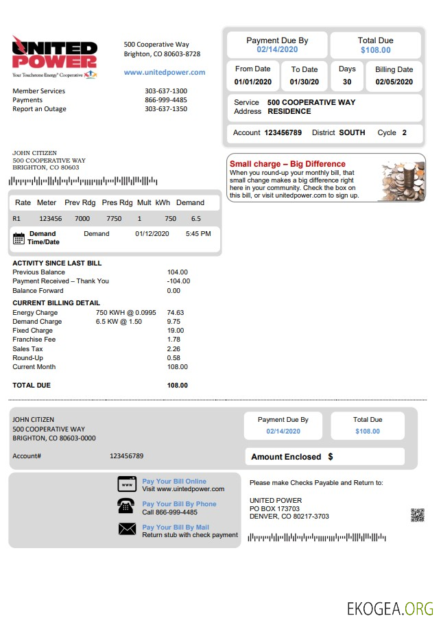 USA Colorado United Power utility bill template in Word and PDF format